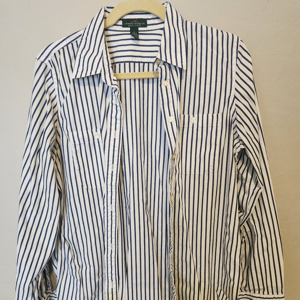 LRL Ralph Lauren White Pinstripe Button Down  Women’s L with Pocket PRE-OWNED